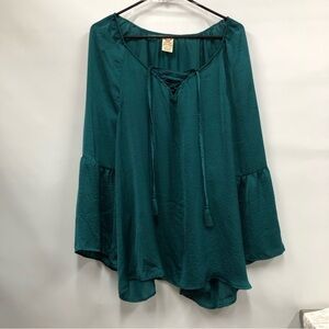 Faded Glory Satin Blouse Bell Sleeve Teal 2x tassel tie